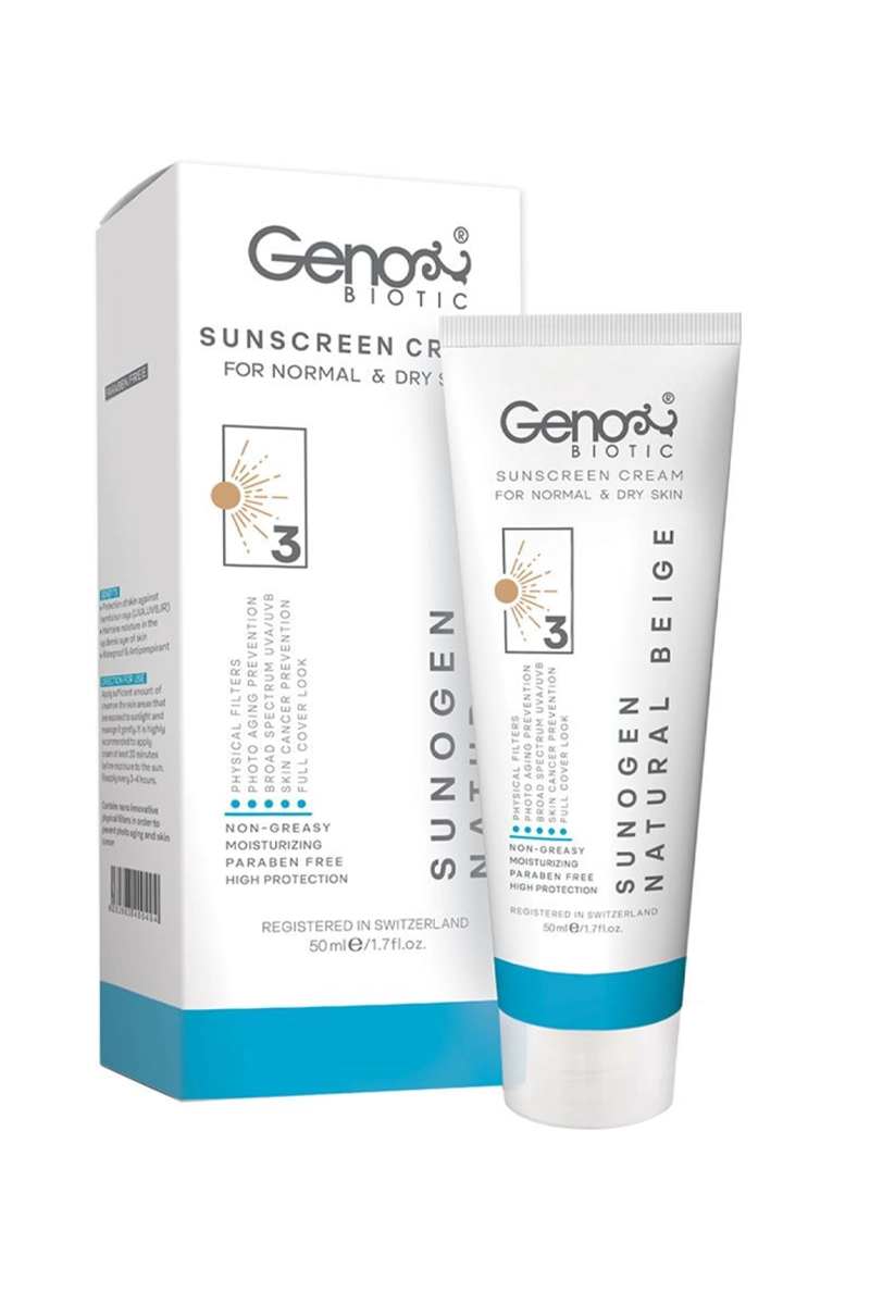 کرم ضد آفتاب پوست خشک SPF50 سانوژن ژنوبایوتیک - بژ طبیعی